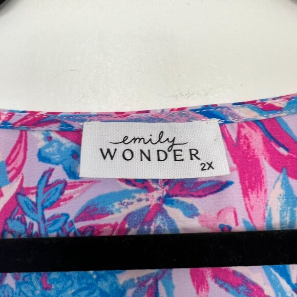 Emily Wonder Pink Blue Floral Flutter Sleeve Top 2X zq - Picture 2 of 4